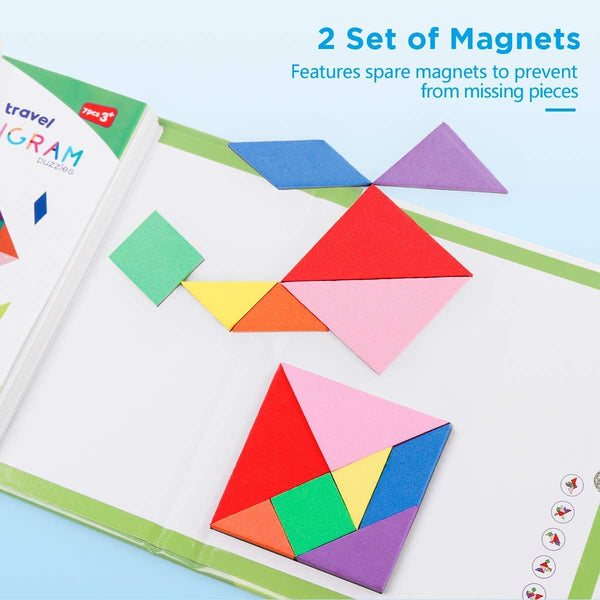 Vanmor Travel Tangram Puzzle with 2 Sets Magnetic Plate-Montessori Shape Pattern Blocks Jigsaw Road Trip Games with 368 Solution - IQ Book