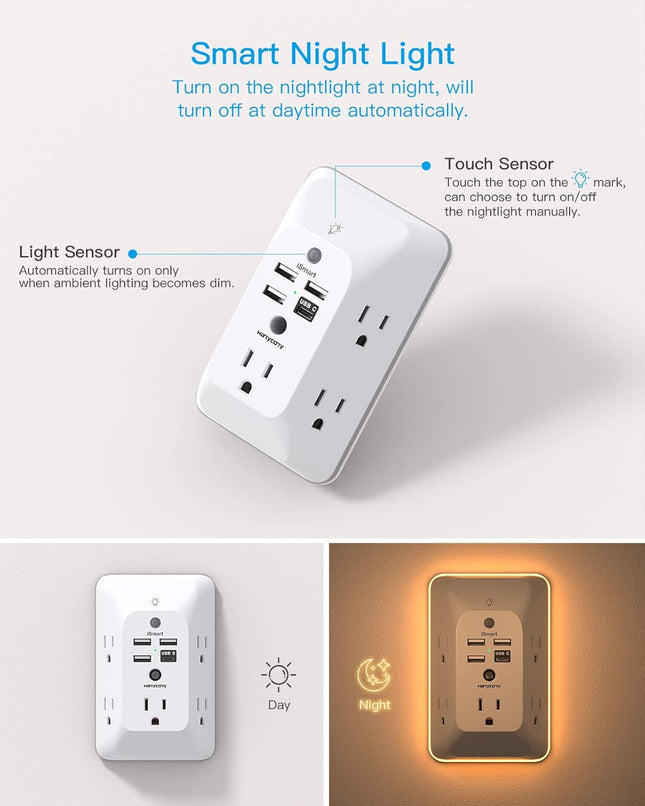 Outlet Extender with Night Light, HANYCONY Multi Plug Outlet, USB Wall Charger Surge Protector 4 USB Ports(1 USB C), Pow