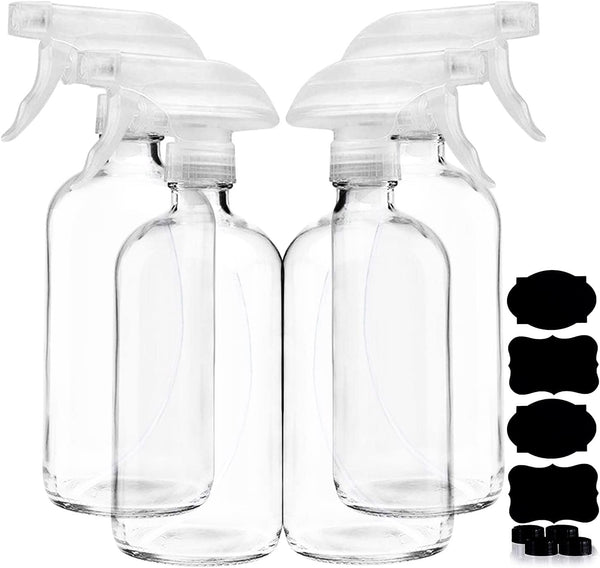 Clear Glass Spray Bottles for Cleaning Solutions (4 Pack) - 16 Ounce, Refillable & Reusable Sprayer for Essential Oil, Water, Kitchen, Hair.