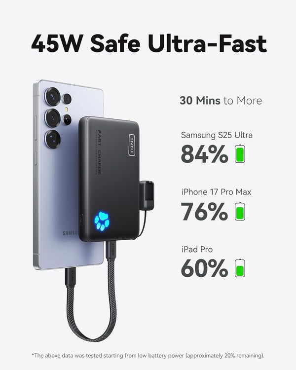 INIU 45W Fast Charging Portable Charger, 40% Smaller 10000mAh with Detachable Cable, Flight-Safe Travel Power Bank, USB C External Phone Battery