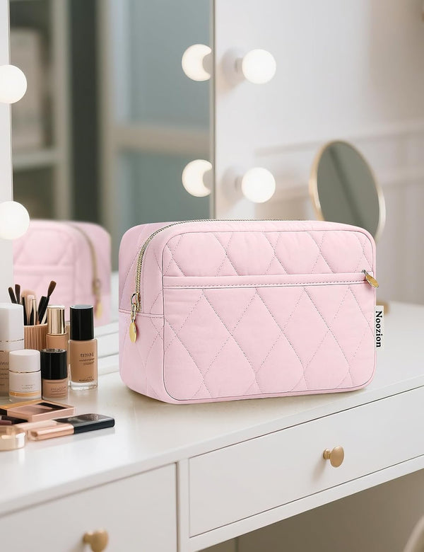 Noozion Makeup Bag Travel Toiletry Bag, Puffy Padded Cosmetic Bag for Women, Makeup Organizer Case, Wide-open Pouch Purse, Travel Essentials Black