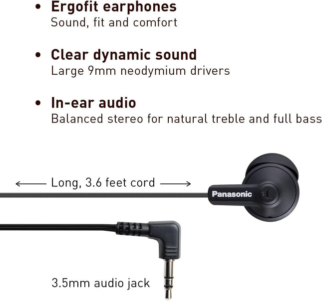 Panasonic Ergofit Wired Earbuds, 3.5Mm Jack In-Ear Headphones with Dynamic Crystal-Clear Sound and Soft Ergonomic Custom