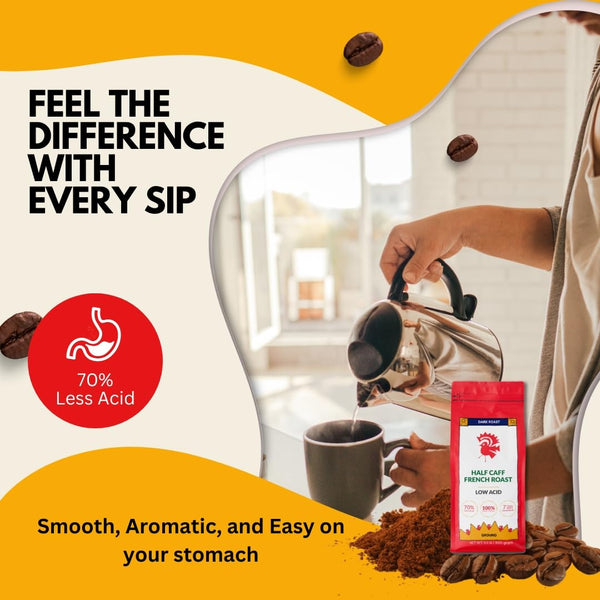 Puroast Low Acid Coffee Half Caff | Half Caff French Roast Ground | Dark Roast | High Antioxidants & High pH |No Bitter Aftertaste | Reduced