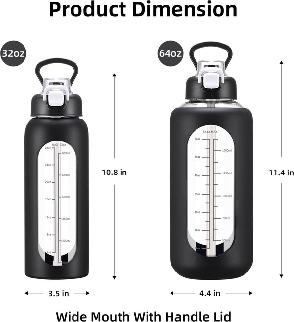 chunmo 32 oz Glass Water Bolttles with Straw Large Motivational Water Bottle with Time Marker Sports Water Bottles with Silicone Sleeve and Handle
