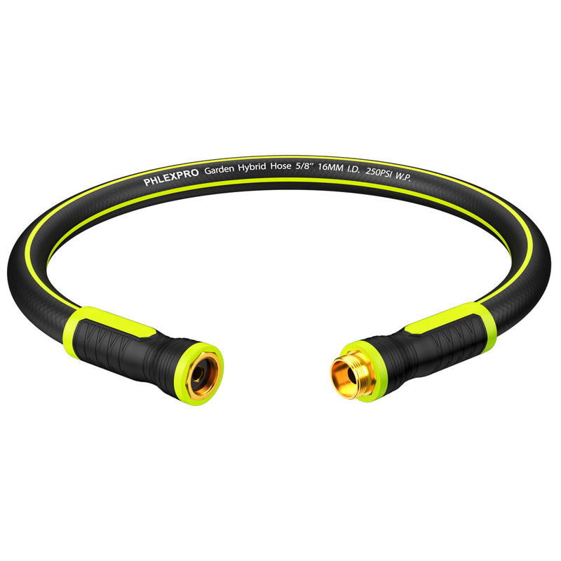 Garden Hose 3FT - PHLEX PRO Water Hose Heavy Duty Premium 5/8'' Rubber 3-Layer, Innovation Flexible Hybrid Lightweight Water Hose, Full Brass Male