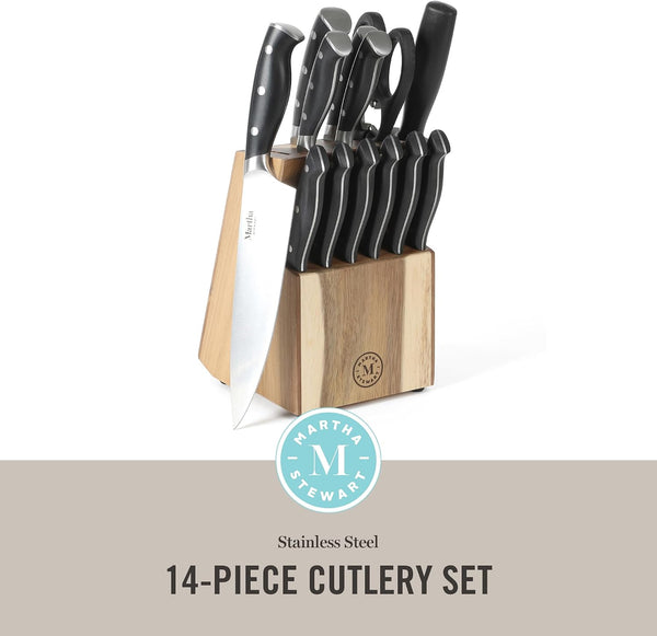 Martha Stewart Greeley Forged High Carbon Stainless Steel 14 Piece Knife Block Set, Black Kitchen Knife Set with Acacia Wood Block, Chef Knife,
