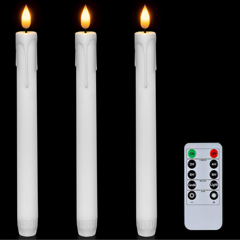 Homemory 3 Pcs Flameless Taper Candles with Remote Timer Dimmer, 9.6" White Flickering Candlesticks Battery Operated, Realistic Plastic LED
