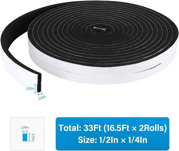 DGSL Foam Weather Stripping, 1/2" x1/4", 33Ft Door Window Seal Tape | Self Adhesive Weatherstrip AC Foam Tape for Window Gaps, Door Frame,