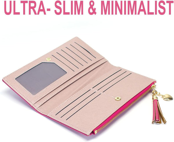 Valentoria Womens Wallet Cute Elegant Long Slim Card Holder Case Minimalist Coin Purse Thin Tassels Zip Clutch Wallets for Girls Ladies L Barbie Pink