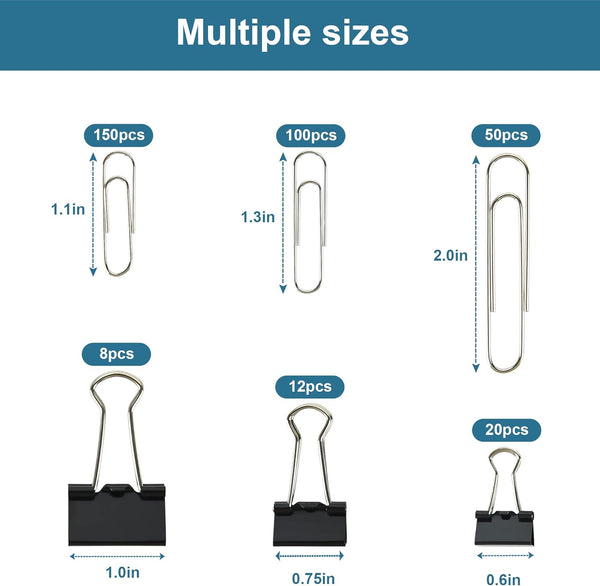 Assorted Size Binder Clips & Jumbo Paper Clips Set - 340pcs Black, Large for Office & School Supplies, in Container with Compartments 1.97 inches