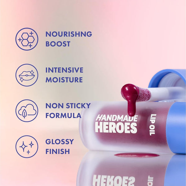 Handmade Heroes 100% Natural Vegan Lip Oil with Squalane Non-Sticky Lip Gloss Moisturizing, Shiny, Nourishing Korean Lip Gloss - Sweet Beet