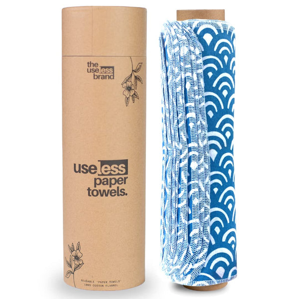 The Useless Brand Reusable Paper Towels Roll | Washable Cotton Flannel Sheets W/Cardboard Roll | Fits on Most Holders (Waves, 12 Towels)
