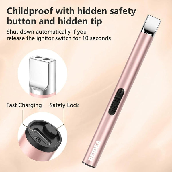 REIDEA Candle Lighter Rose Gold, Long USB Rechargeable Electronic Arc Windproof Flameless Lighter - A Must Have Gadget for Home Kitchen BBQ