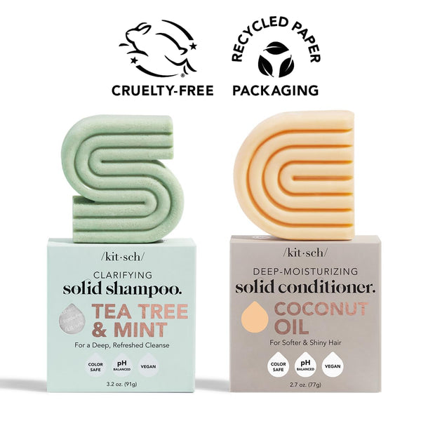 Kitsch Tea Tree Solid Shampoo & Coconut Oil Conditioner Bar, Shampoo and Conditioner Set for Clarifying Grease & Deep Moisturizing, Natural