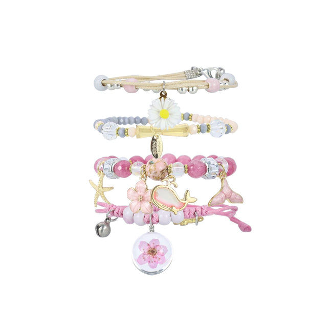 4 Pcs Beaded Cute Bracelets for Teen Girls Women, Dainty Cute Cartoon Crystal Beads Pearl Stretch Charm Handmade Adjusta