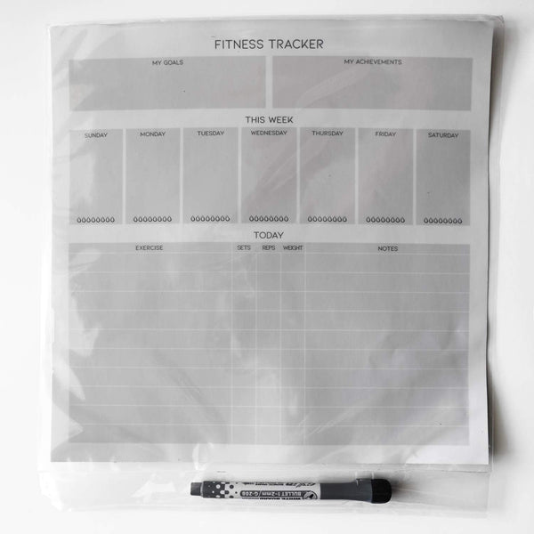 Dry Erase Whiteboard Fitness Tracker | Removeable and Restickable Adhesive Decal | Fine-Tip Magnetic Marker Included | 12" X 12" (White)