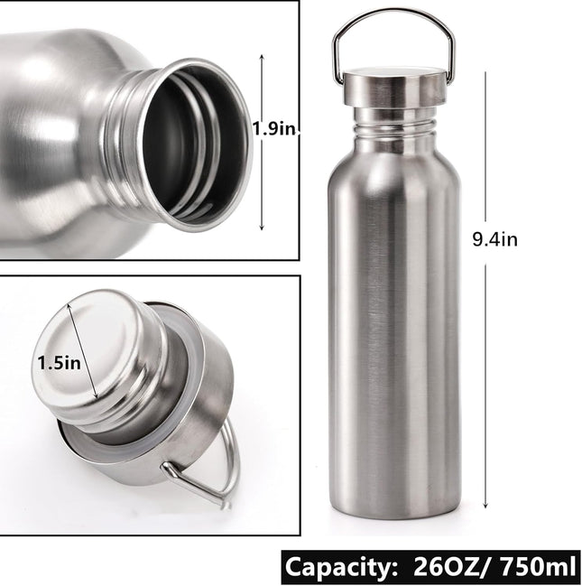 Yopay 2 Pack Stainless Steel Sports Water Bottles, 26OZ Single Walled 18/8 Stain