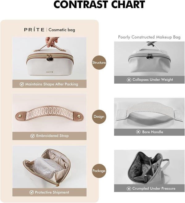 Prite Makeup Bag for Women Travel Waterproof Vegan Leather Cosmetic Bag Open Flat Toiletry Bag with Clear Divider and Handle (Beige)