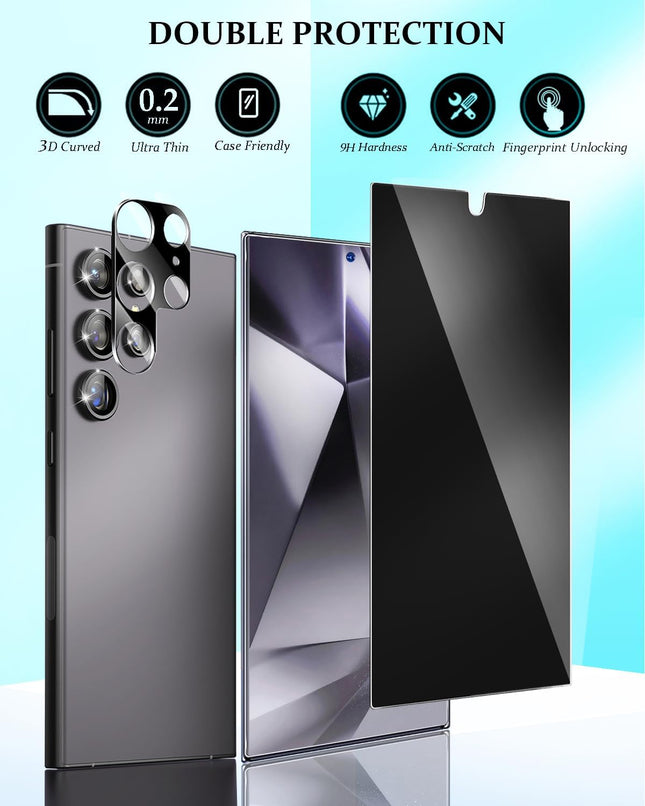 Compatible for Samsung Galaxy S24 Ultra Privacy Screen Protector Tempered Glass with Camera Lens Protector, Support Fing