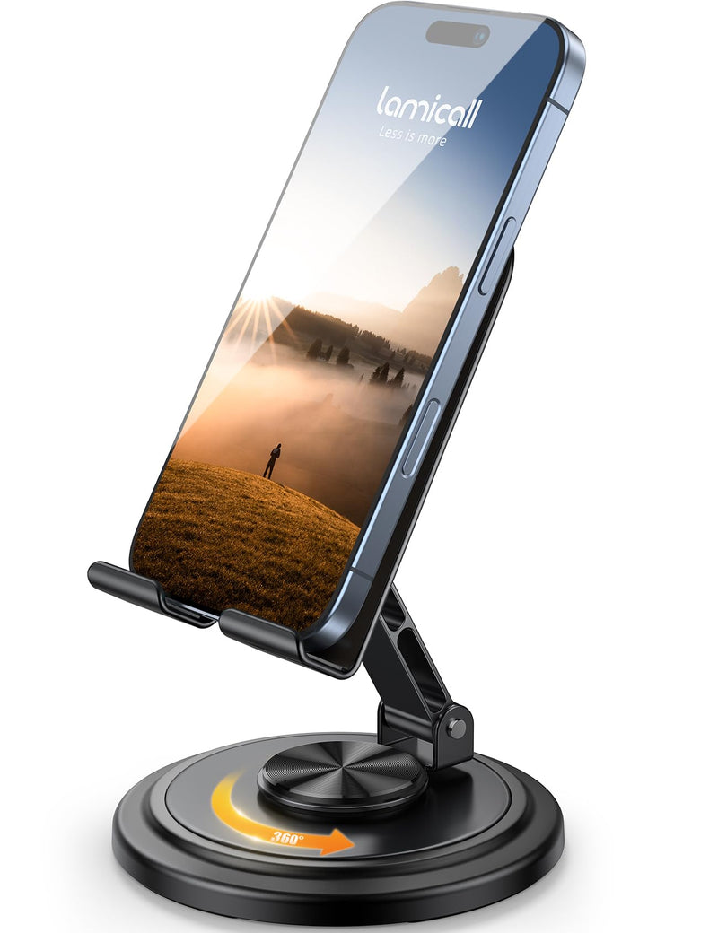 Lamicall Cell Phone Stand for Desk - [360° Rotation] Sturdy Adjustable Desktop Phone Holder, Foldable Mobile Stand, Office Desk Accessories Gifts
