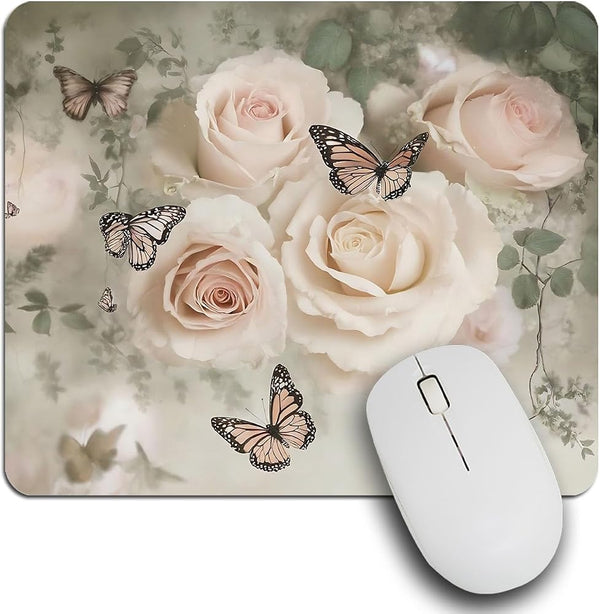 IBILIU Mouse Pad Black Flowers,Garden Roses Tulips Delphinium Petunia White and Black Rectangle Mousepad Non-Slip Rubber Base Computer Mouse Pad
