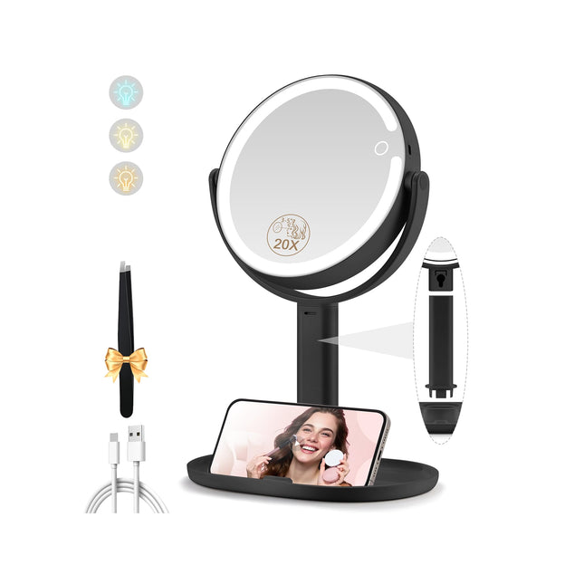 Makeup Mirror with Lights, Double Sided 1X/20X Magnifying Mirror with Light, Rec
