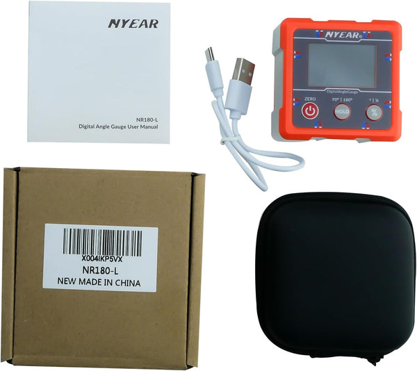 NYEAR Digital Electronic Angle Gauge (Type-C Rechargeable), Four Sided Strong Magnet, IP67 Waterproof Rating, Measures 0-90 and 0-180 Degree