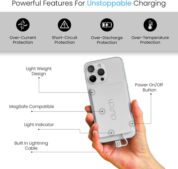 Clutch Pro Portable Iphone Charger for Travel 5000 Mah TSA Approved Magnetic Airplane Safe Portable Charger Only Compatible for Iphone 14 & Older