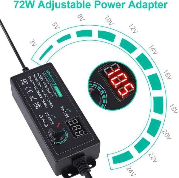 Universal Power Supply 3V~24V 3A 72W Adjustable Variable 3V 5V 9V 12V 18V 20V 24V AC/DC Adapter Charger, 100V-240V AC to DC Converter with 14