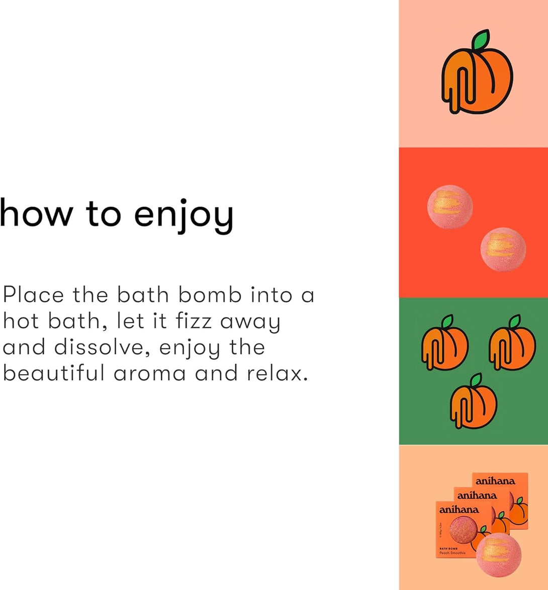 ANIHANA Bath Bombs with Coconut Oil, Paraben Free, Hand-Crafted Luxury Fizzers, Refreshing Peach Smoothie Scent, 6.3 Oz Each, 3 Pack