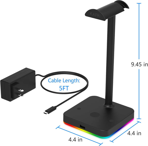 KAFRI RGB Headphone Stand with Wireless Charger Desk Gaming Headset Holder Hanger Rack with 10W/7.5W QI Charging Pad and QC 3.0 USB Port -