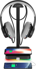 KAFRI RGB Headphone Stand with Wireless Charger Desk Gaming Headset Holder Hanger Rack with 10W/7.5W QI Charging Pad and QC 3.0 USB Port -