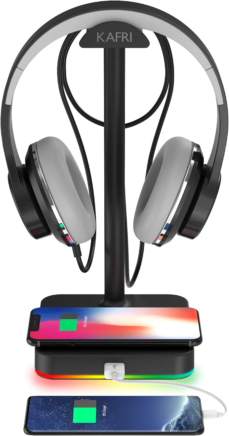 KAFRI RGB Headphone Stand with Wireless Charger Desk Gaming Headset Holder Hanger Rack with 10W/7.5W QI Charging Pad and QC 3.0 USB Port -