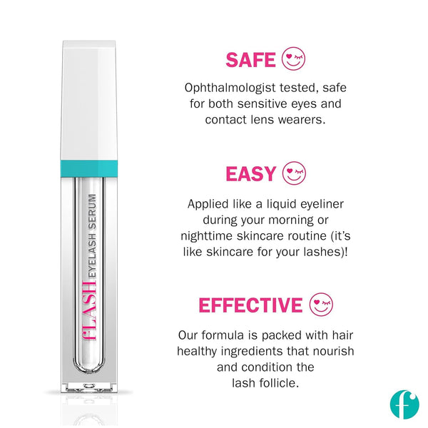 fLASH Eyelash Serum for Long, Curled Natural Lashes - Enhances & Strengthens, Safe & Effective Formula for Contact Wearers & Sensitive Eyes, 3