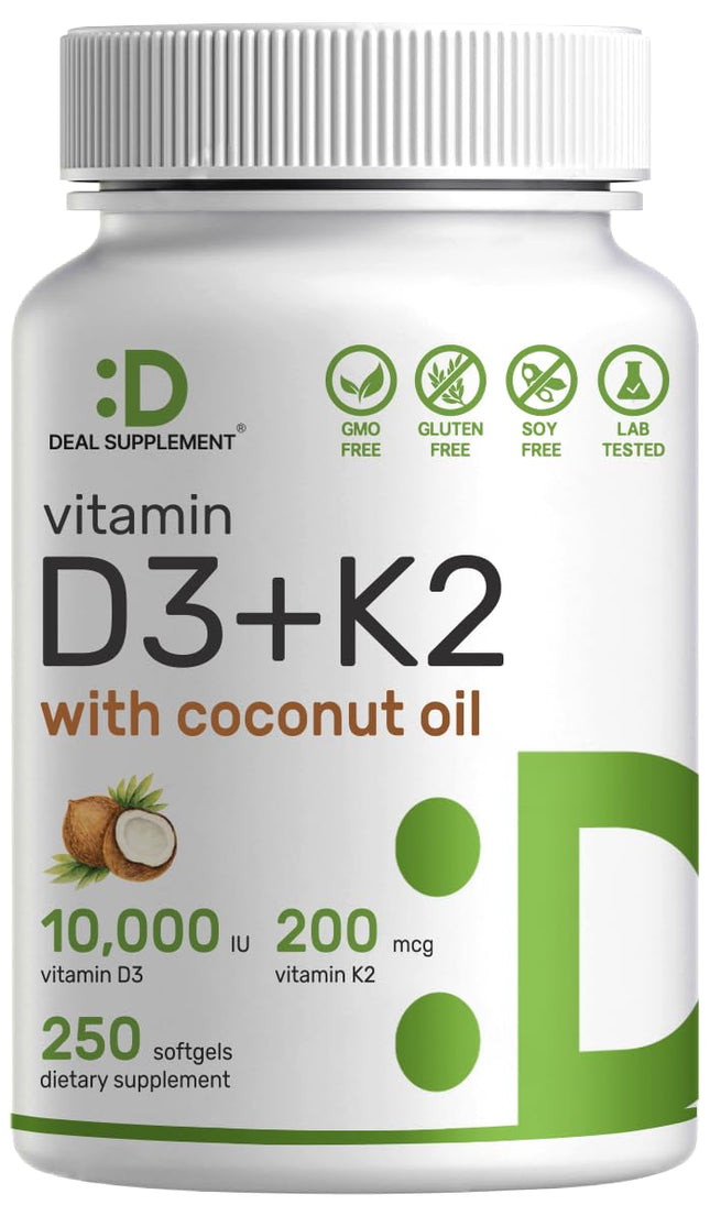 DEAL SUPPLEMENT Vitamin D3 10,000 IU + K2 MK7 200 Mcg, Infused with Virgin Cocon