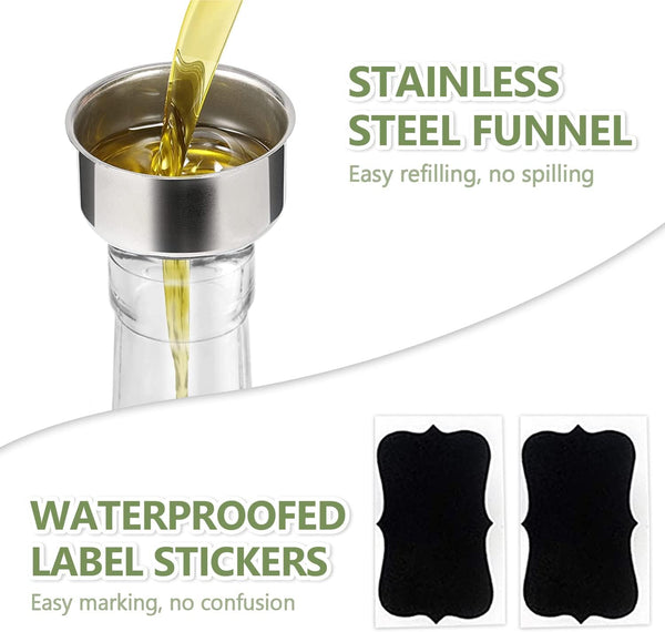 Leaflai 17oz Olive Oil Dispenser Bottle, 500ml Oil & Vinegar Cruet with 2 Stainless Steel Pourers, 2 Labels,1 Brush and 1 Funnel for Kitchen Olive