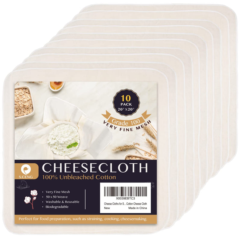 Precut Cheesecloth, 20 x 20'' 10 Pack, Grade 100, Ultra Fine Cheese Cloth for Straining & Cooking, 100% Unbleached Cotton Muslin Cloth for Making