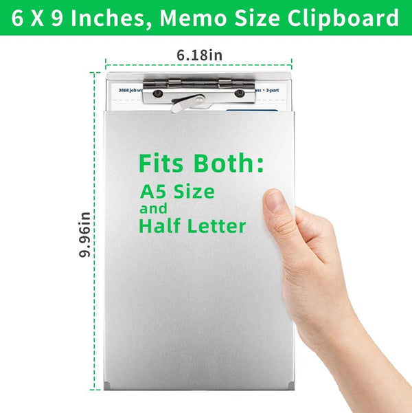 Sunnyclip Aluminum Clipboard with Storage(Memo Size), Recycled Metal Form Holder Binder Fits Paper Size up to 5.66 X 9.5 Inches, A5 Size