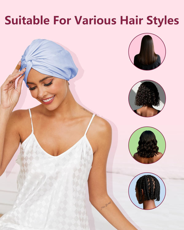 HFRHTGY Adjustable Silk Satin Hair Bonnet for Sleeping, Double Layer Hair Wrap Sleep Cap Turban for Women Men, Curly Straight Braid Unisex (Misty