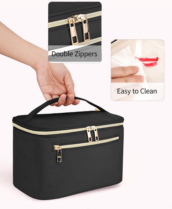 Wandering Nature Large Makeup Bag, Travel Make up Organizer Cosmetic Brush Bags Case for Women in Fabric,Black,Patent Pending