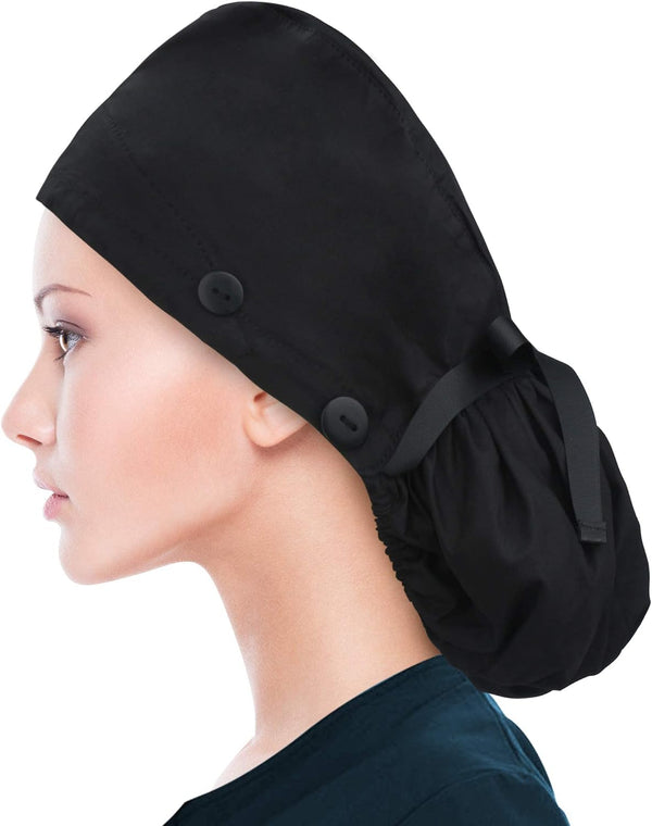 ABAMERICA Scrub Caps for Women Surgical Caps Nurse Hat Functional Ponytail Holder for Long Hair Single or Satin-Lined A01-05 Satin Lined Black