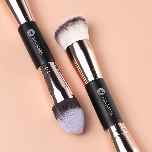 KINGMAS Foundation Makeup Brushes, 2Pcs Premium Double-Ended Makeup Brush (Flat/Angled/Angled Round/Tapered Top) for Buffing Liquid, Cream,