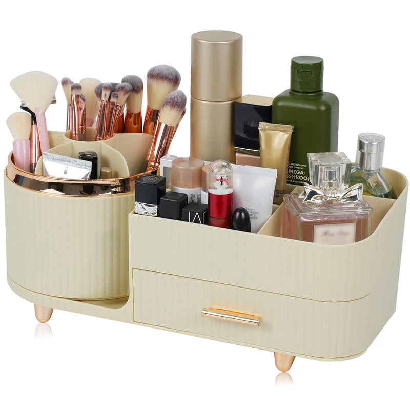 Makeup Organizer Countertop with Drawer 360 Rotating Brush Holder Storage Large Capacity Skincare Cosmetic Display Cases for Vanity Bathroom