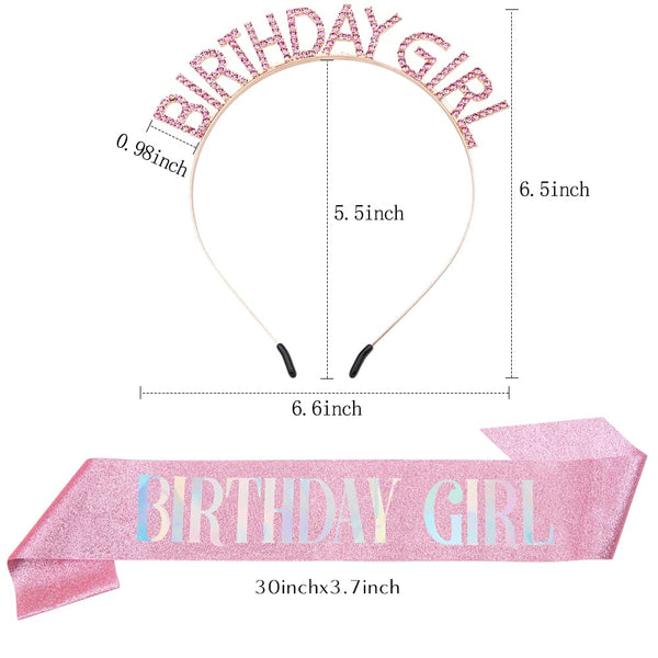 PQRUU Glitter Birthday Sash, Tiara and Rhinestone Headband Set - Pink Birthday Accessories for Her Pink Glitter