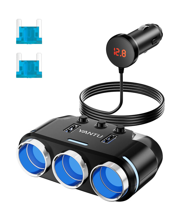 YANTU Cigarette Lighter Adapter & Splitter,150W 3-Sockets & LED Ambient Lighting, Dual USB Fast Charging Car Outlet 12V, Car Cigarette Lighter
