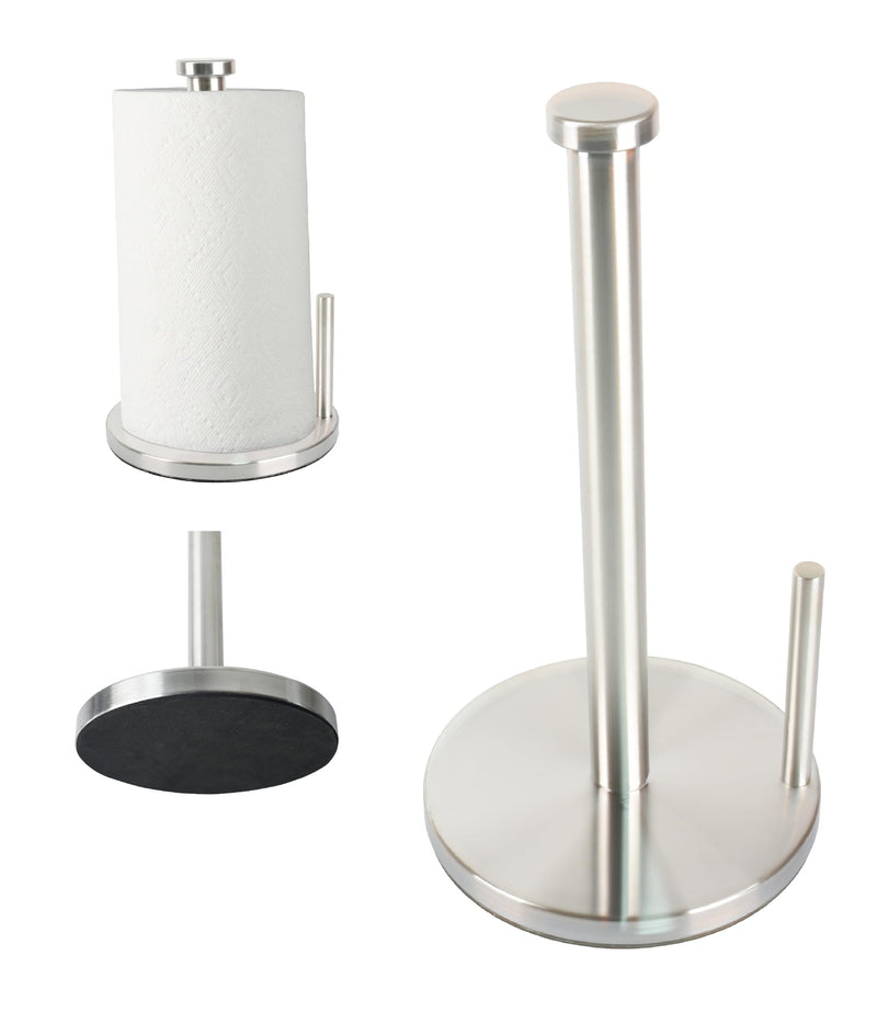 Paper Towel Holder with Side Rod, Stainless Steel, Easy Tear Dispenser for Home Kitchen Countertop Tabletop (Silver)