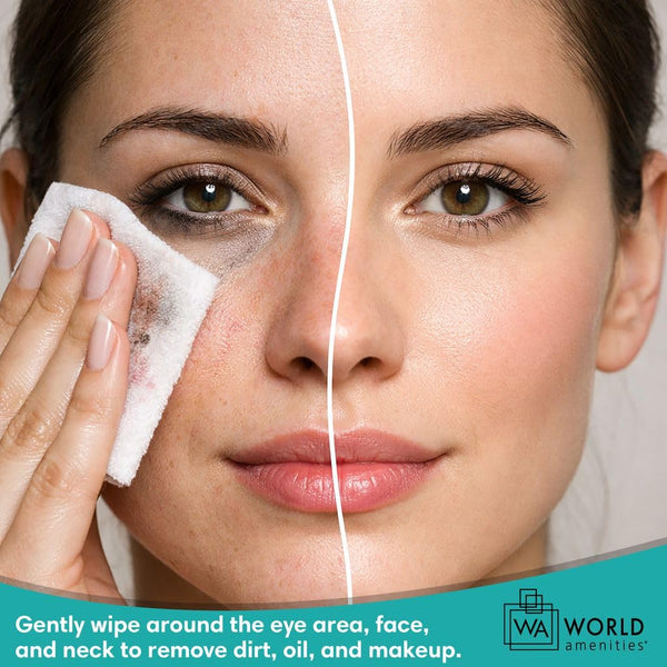 World Amenities - Makeup Remover Wipes - Alcohol Free - Vitamin E Face Wipes for Sensitive Skin Comfort - Individually Wrapped - Travel Friendly
