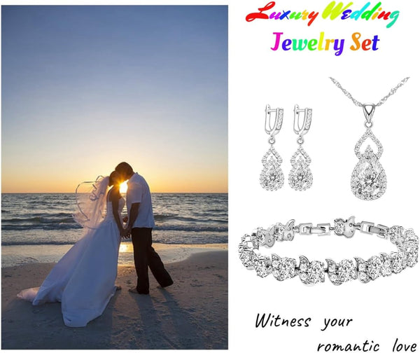 LMXXVJ Women Jewelry Set Platinum Plated Necklace Open Ring Earrings Bracelet Set,Birthday/Anniversary Mother’s Day Jewelry Gifts for