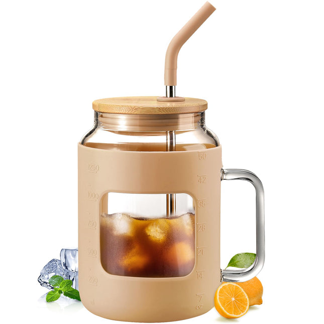 32 Oz Glass Tumbler with Lid and Straw,Glass Water Bottles with Handle,Glass Cup with Time Marker and Silicone Sleeve, F