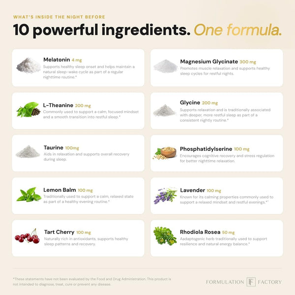 The Night Before: 10-In-1 Midnight Maximizer, Sleep Aid, Stress Relief, Cognition, Relaxation, Recovery, Magnesium Glycinate, L-Theanine, Glycine,